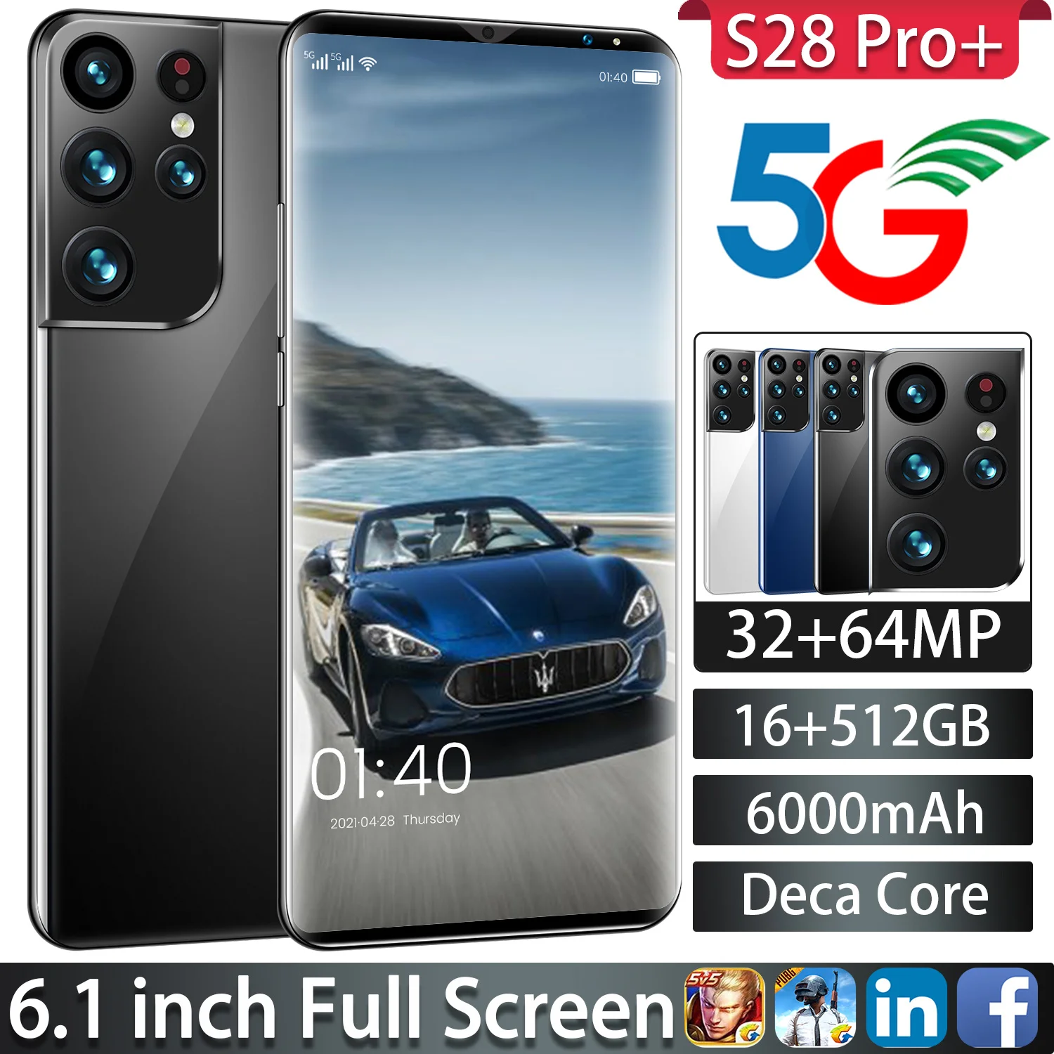 

Full Screen S28 Pro+ 6.1Inch SmartPhone 16+512GB High Battery 6800mAh Android11 Dual SIM 4G/5G Network Cellphone