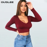 ouslee spring long sleeve basic crop top women red sexy tee shirt deep v neck casual solid color tee top female korean tee shirt
