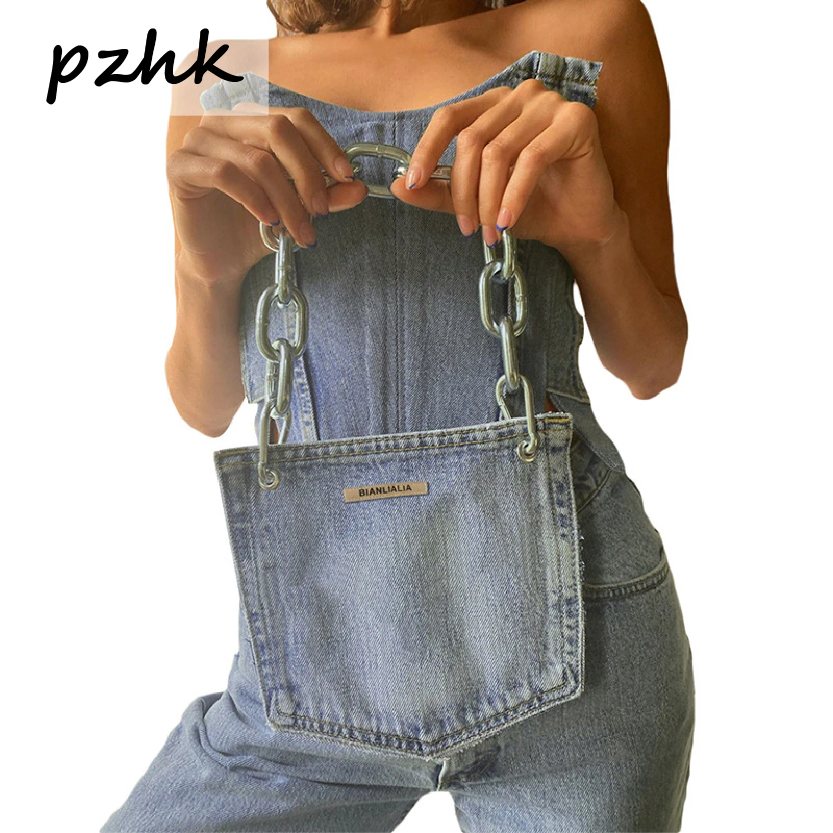 

Pzhk Summer 2021 Sexy Party Denim Tube Tops Hollow Out Fitness Sleeveless Short Crop Camisoles Streetwear Lace Up Straps