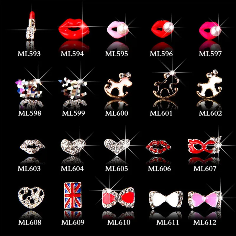 

10Pcs/Lot Nail art rhinestone Red lips Shiny crystal Bow knot Alloy jewelry Pearl love decoration Nail paste accessories