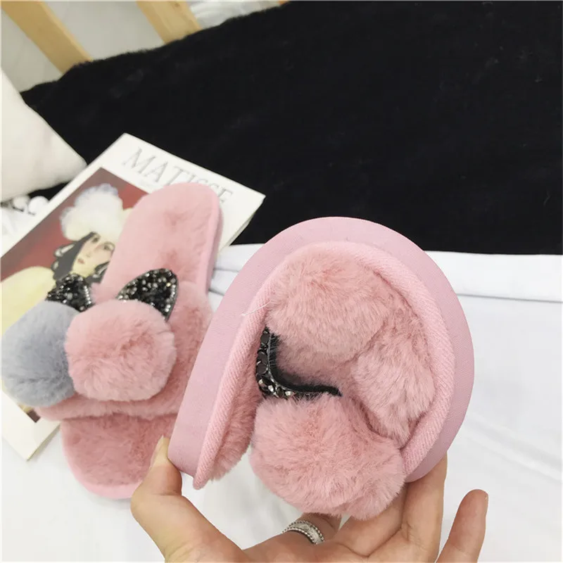 Женские меховые тапочки Rimocy теплые домашние на Плоском Каблуке с кроличьими