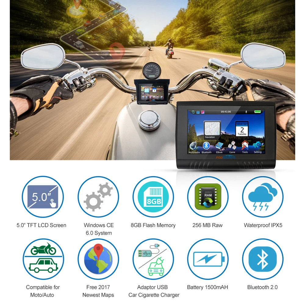Fodsports 5 дюймов мотоцикл навигации Bluetooth GPS навигатор IPX5 Водонепроницаемый 256MB