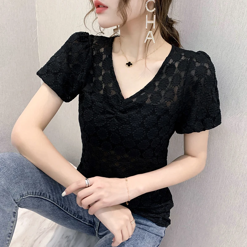 

Lace Short Sleeve Women's T-Shirt New 2021 Summer Fashion Casual Hollow Out Lace Tops Plus Size Blusas