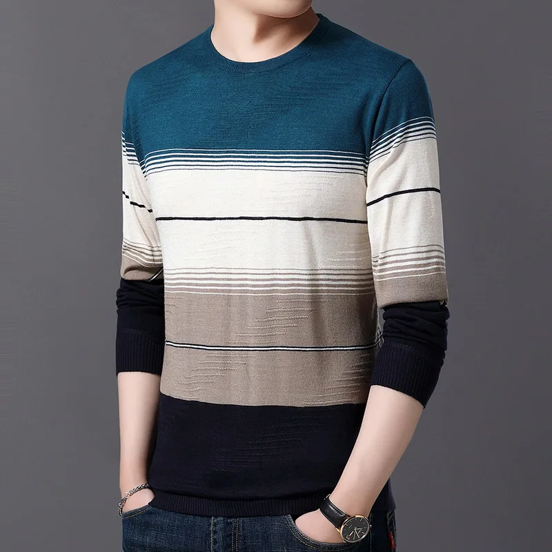 WENYUJH Autumn New Men's Sweater O-Neck Striped Slim Fit Knittwear Mens Sweaters Pullover Men Pull Homme 4XL Men Colthing