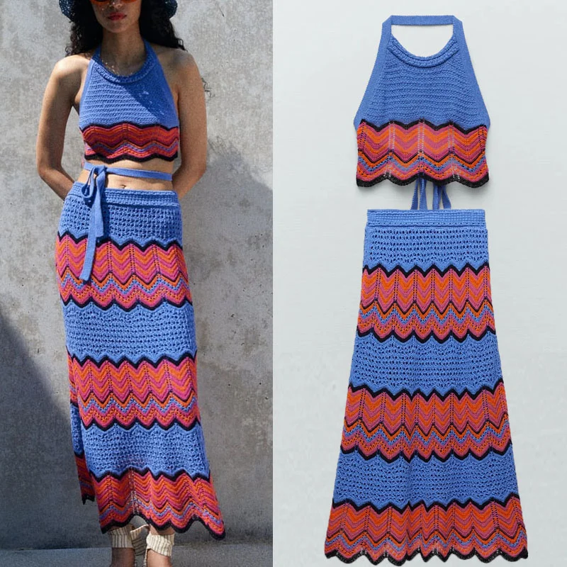 

Летние Вязаные Юбки миди для женщин Za 2021, эластичная трикотажная длинная юбка с высокой талией, сексуальные вязаные топы с лямкой на шее и за...