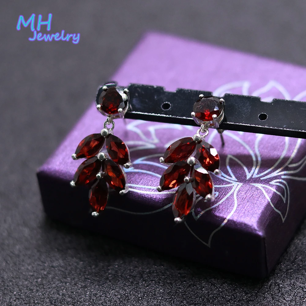 MH 100% natural red garnet good leaf Earring Sterling 925 Silver marquise 4*8 mm Fine Jewelry For Women Lady Party wedding Gift