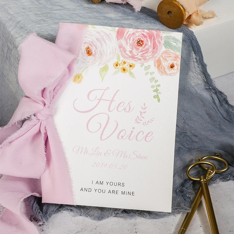 

free shipping 2pcs personal oath wedding party favors custom name date on hes voice book vows card yellow ribbon bow photo props