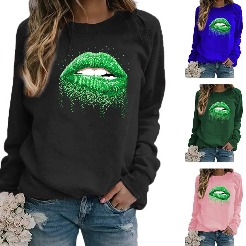 

Женские топы с длинным рукавом и круглым вырезом, женские модные толстовки с принтом губ