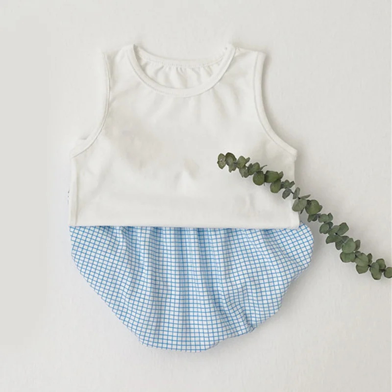 

1-3Y Baby Children's Clothes Sets for Kids Vest Tops+Plaid Triangle Shorts Suit for Girls Boys Newborn Clothing