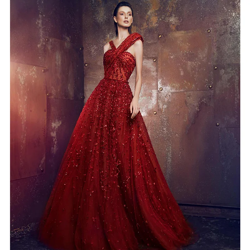 

Luxury Red Robes De Soirée Beads Sequins A Line Famale Evening Dress Party Wear Floor Length Custom Made Vestidos Formales