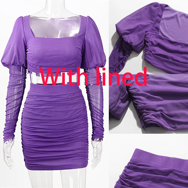 

Giyu Sexy Mesh Two Piece Set Women Bodycon Club Party Square Neck Skirt And Top Set 2021 Autumn Puff Sleeve Elegant Outfits