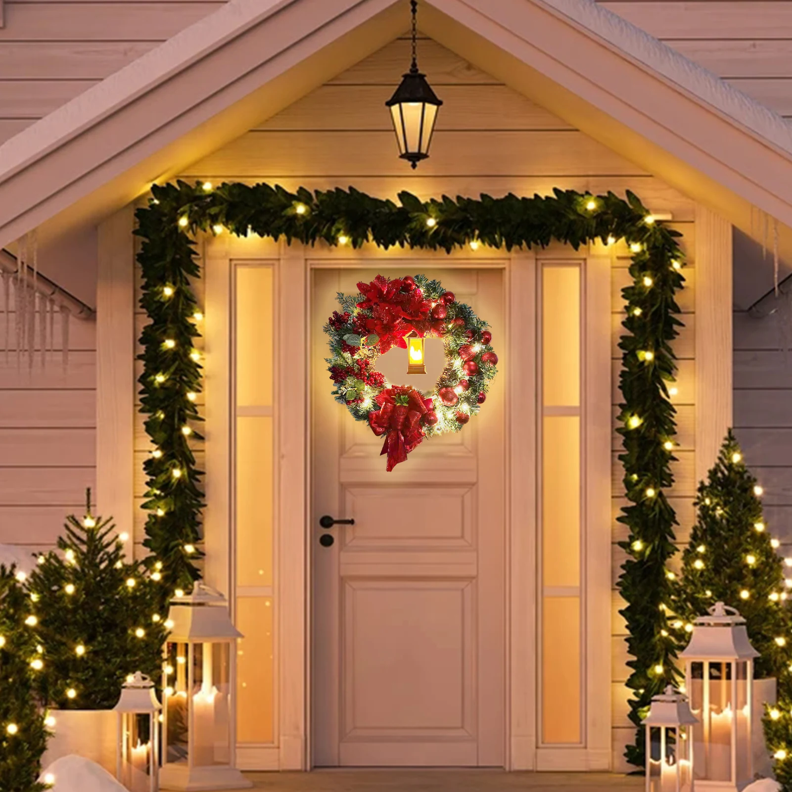 

2022 Sacred Christmas Wreath with Lights Artificial Hanging Ornaments Front Door Wall Decorations Merry Christmas Tree Wreath