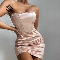 summer sexy women pleated sling mini bodycon bandage dress elegant night club party dresses satin strapless mini dresses d16608x