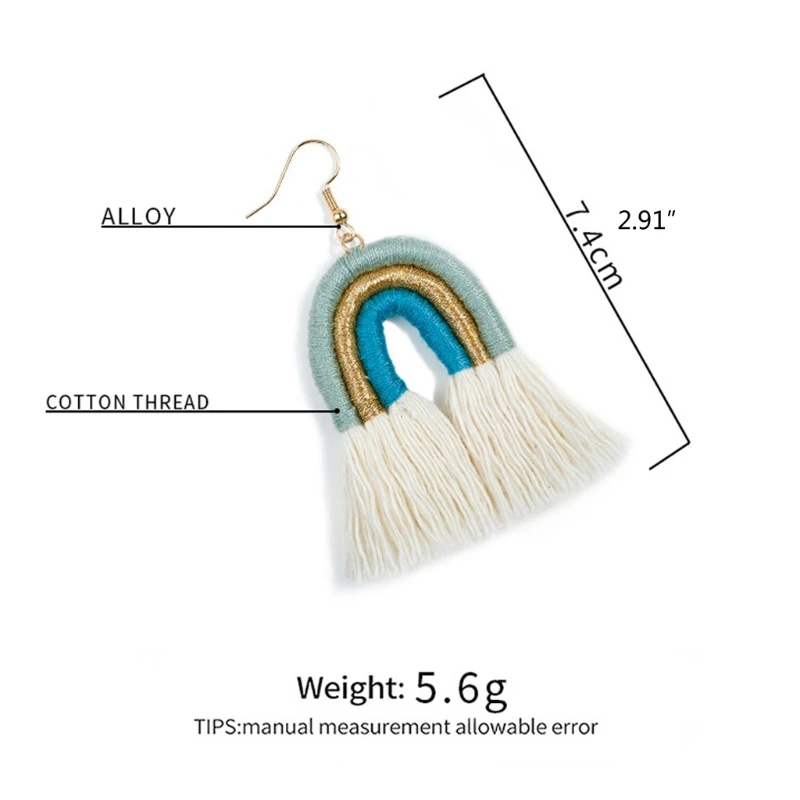 

1 Pair Fashion Jewelry Rainbow Design Dangle Drop Earring Handmade Cotton Thread Braided Boho Statement Earrings for Women