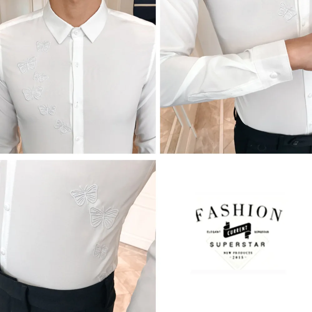 

2019 Autumn Shirt Men Butterfly Embroidery Decorative Casual Shirts Men Long Sleeve Slim Fit Streetwear Camisa Social Masculina