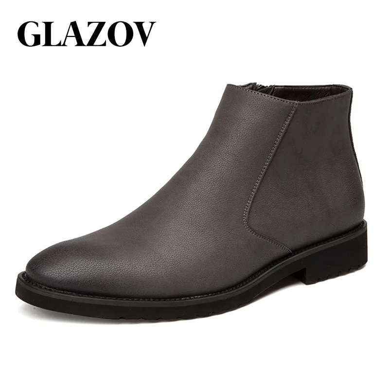 

GLAZOV Spring Fashion Leather Men Boots Convenient Zip Pointed Toe Business Dress Boots Shoes Men Black Brown Ankle Boots Men