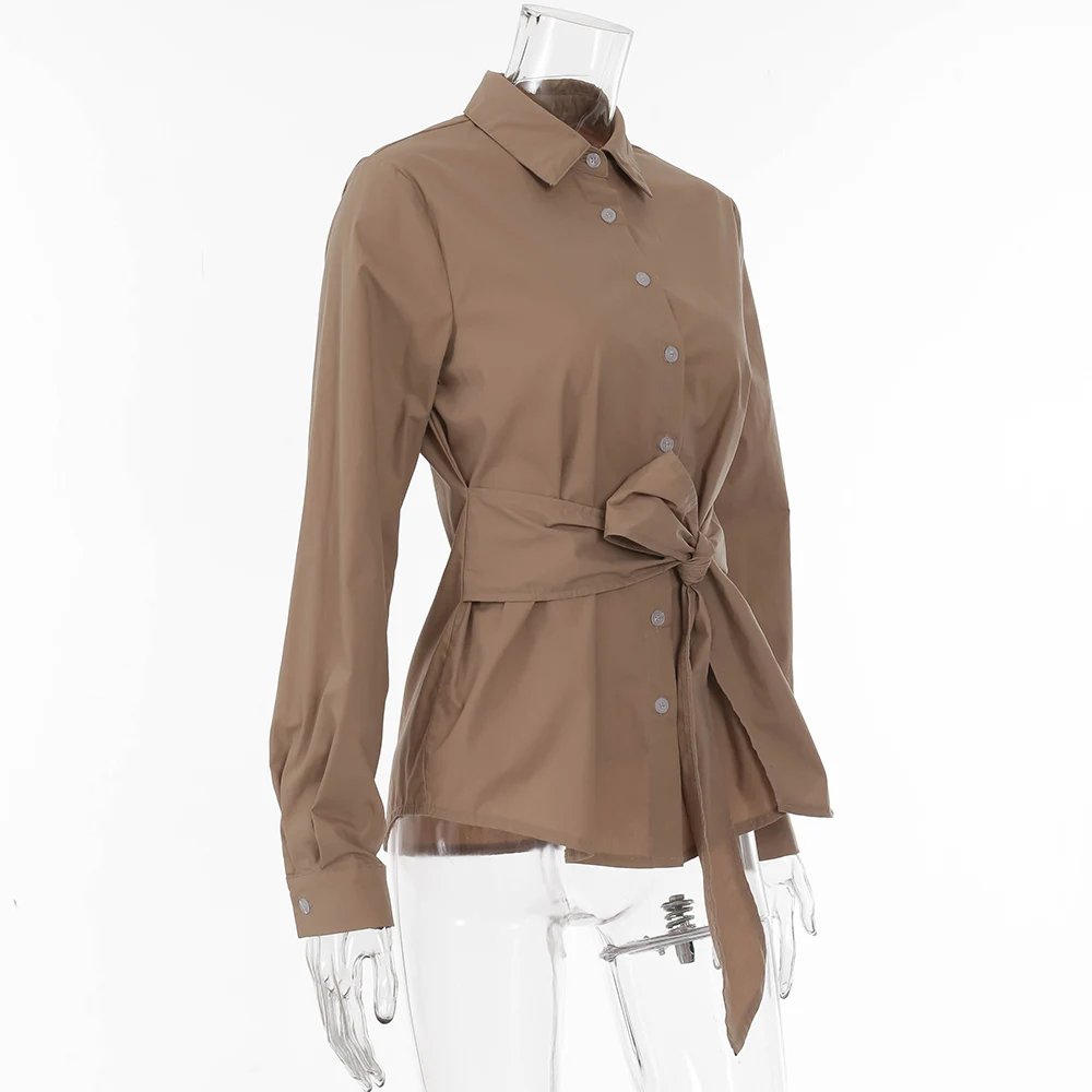 

Spring Autumn Elegant Women Solid Blouse Shirt With Bow-tie Belt Work Office Lady Simple All-match Base Tops Blusas Fashion