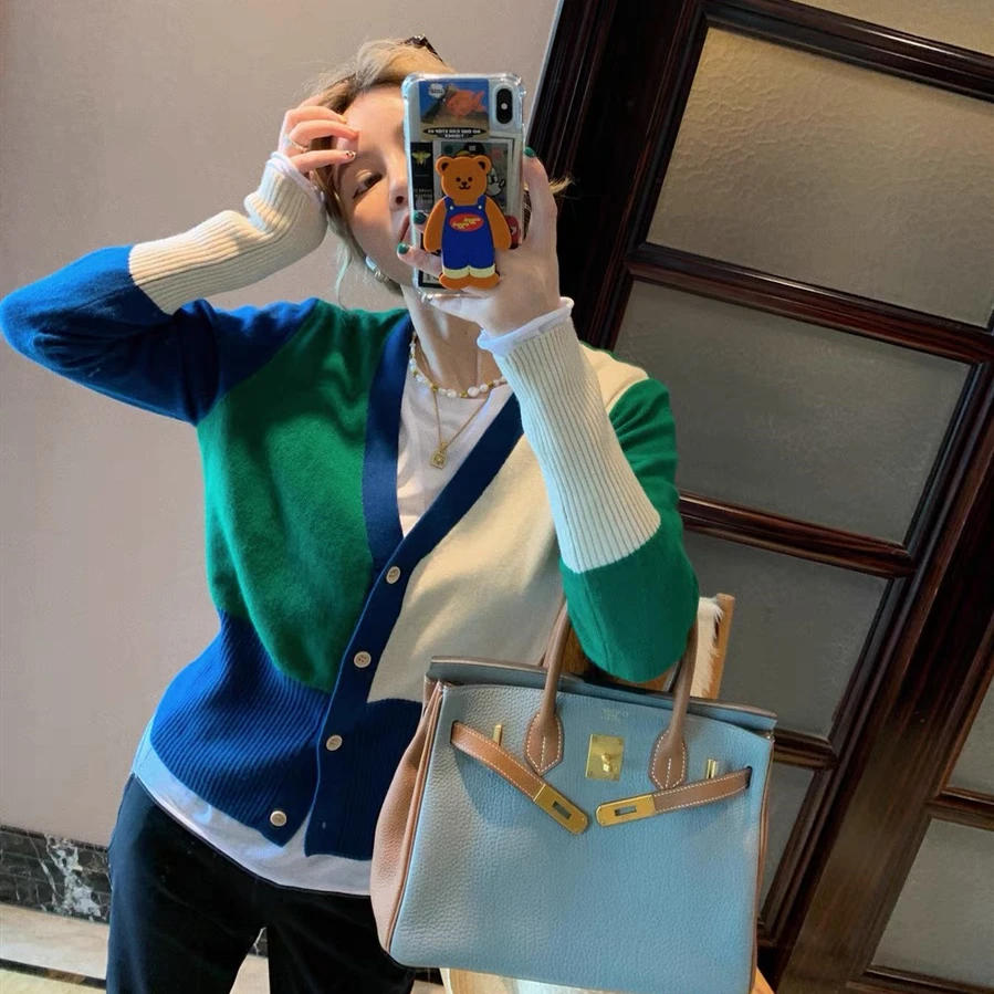 

2021 Autumn Winter Knitted Cardigan Sweater Women Patchwork Design V Neck Long Sleeve Knitwear Casual Loose Outwear Female Tops