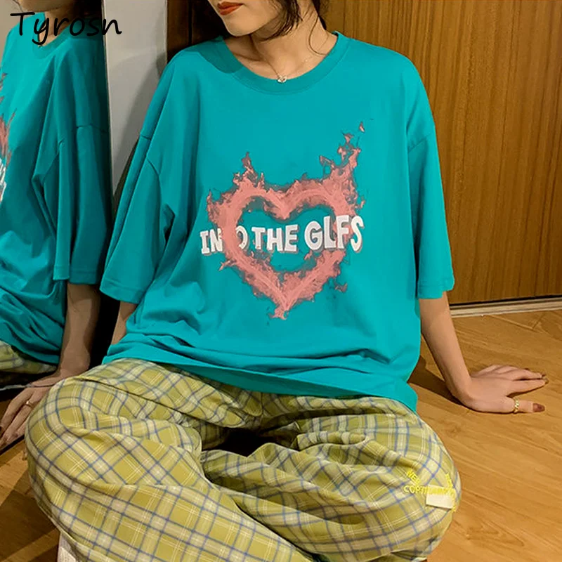 

Women Short Sleeve T-shirts Print Vintage Streetwear Leisure Oversize Bf Style Hip-hop Chic Sweet Candy Colors All-match Goth