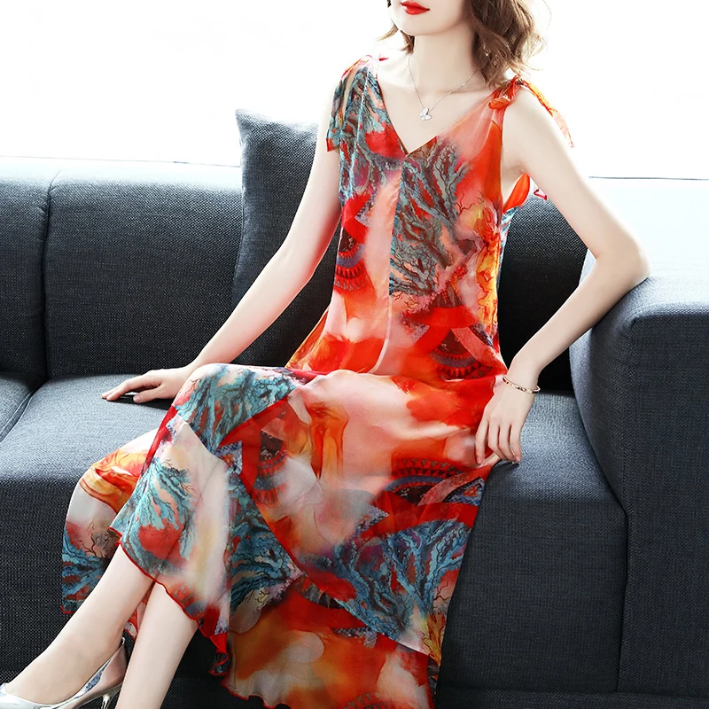 Женское платье из натурального шелка на бретельках длинное летнее элегантные