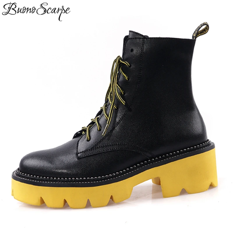 

Buono Scarpe Mixed Color Women Ankle Boots Lace Up Female Ankle Botas Mujer Thick Bottom Genuine Leather Boots Fenimina Non-Slip