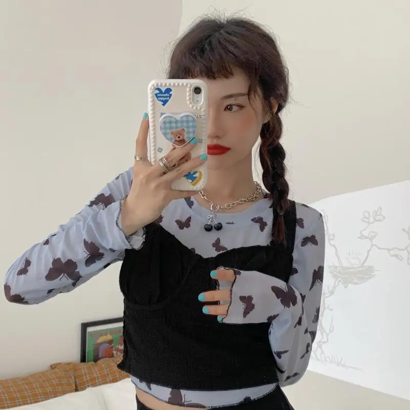 

Новинка 2021, Сетчатая футболка с длинным рукавом и бабочкой + черный жилет, Женский костюм из двух предметов, короткий пиджак