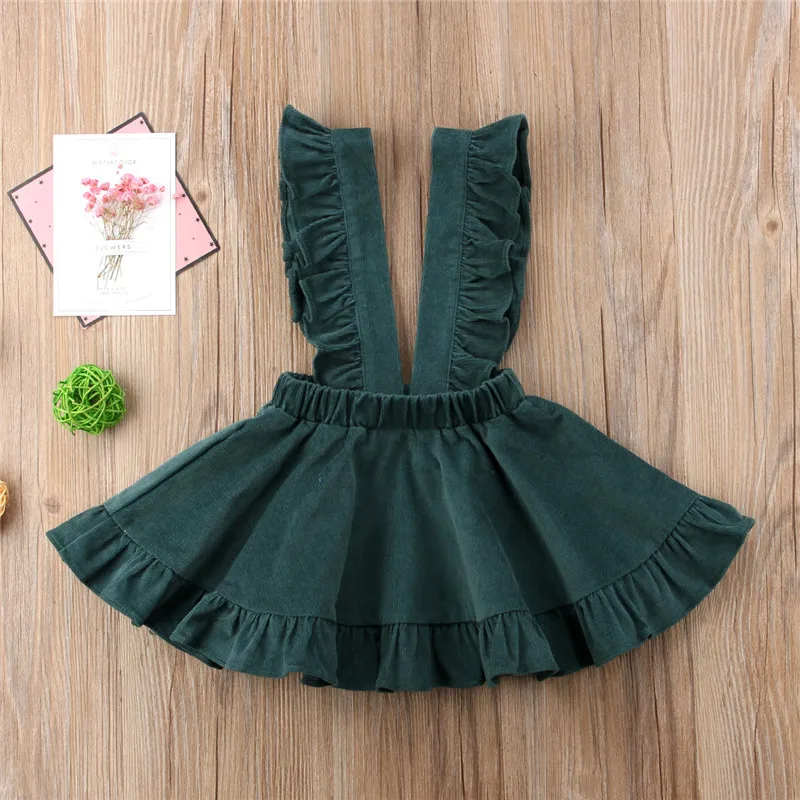 New Kid Girl Corduroy Green Strap Skirts Ruffles Suspender Sleeveless Solid Skirt Sundress Summer Fall Clothes | Мать и ребенок
