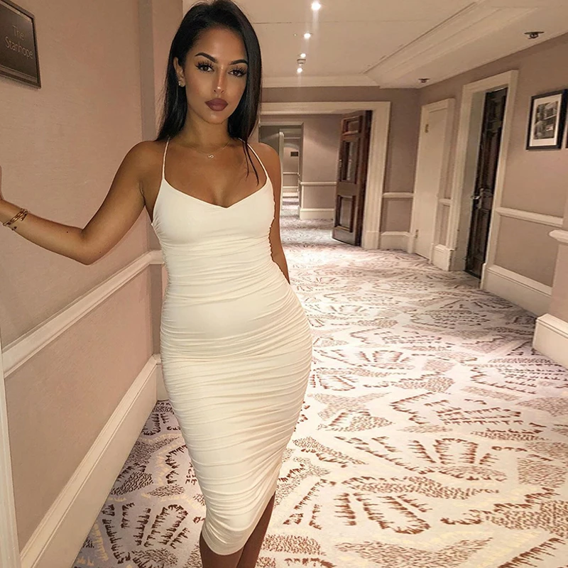SheBlingBling Спагетти ремни сексуальное Ruched Bodycon Бандажное платье женское летнее платье сзади на шнуровке повседневные миди женские платья