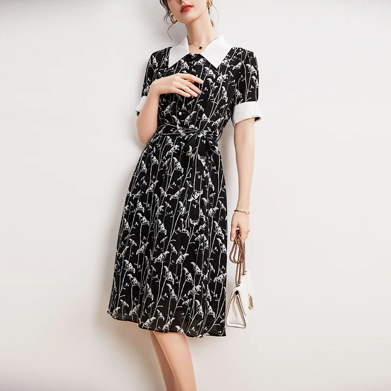 

Silk Dress Mulberry Silk New Contrast Color Elegant FreshTemperament Age Reduction Small Skirt