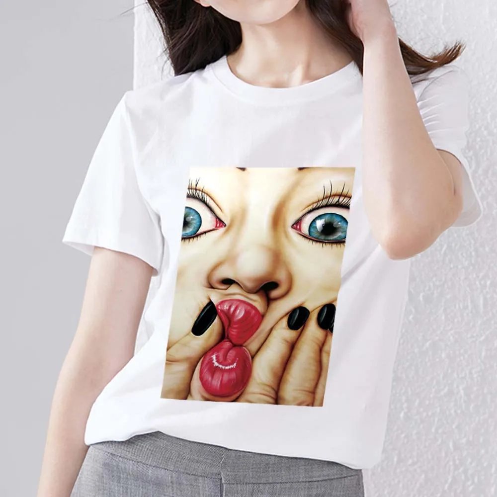 

Trendy Women's Clothing Classic Tshirt Casual Basic Style Funny Headshot Printed Commuter White Ladies Polyester Slim O-neck Top