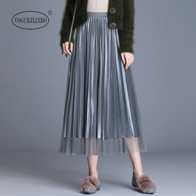 Осень зима 2019 Милая юбка облегающая сетчатая с блестками эластичная золотистая