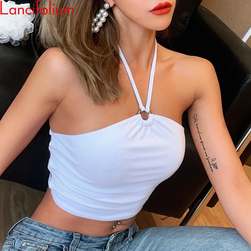 Женский сексуальный топ с лямкой на шее летний без рукавов открытыми плечами