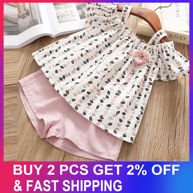 Комплект одежды для девочек летняя рубашка с цветочным принтом и рукавом реглан +