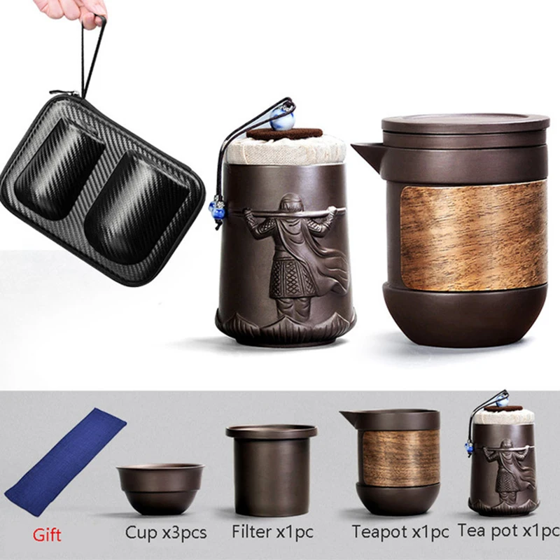 

Yixing Purple sand tea set black/red Ceramic Japanese Tea Cup Set Portable Travel Teaware Kung Fu Tea Cup 1 Pot 3 Cups Gaiwan