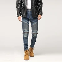 american street fashion men jeans retro blue slim fit elastic spliced biker jeans men zipper designer hip hop denim punk pants