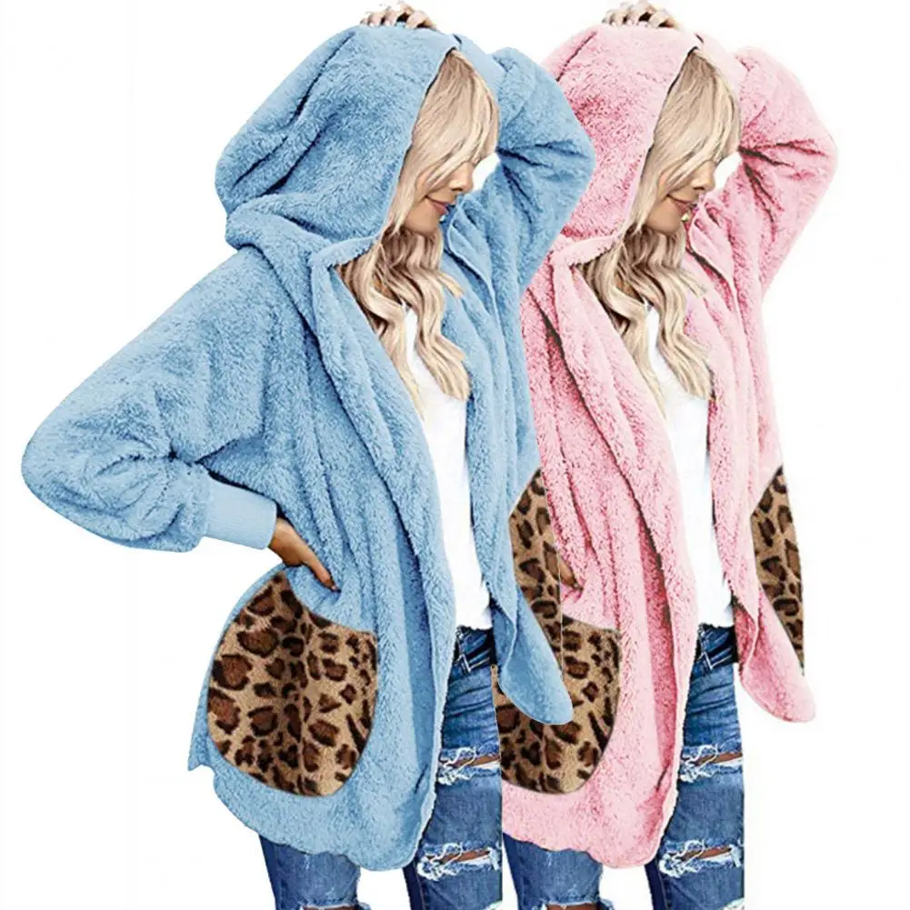 

Женское пальто зима/осень 2021, свободный двусторонний бархатный кардиган в стиле пэчворк с леопардовым карманом, толстовка, куртка с капюшон...