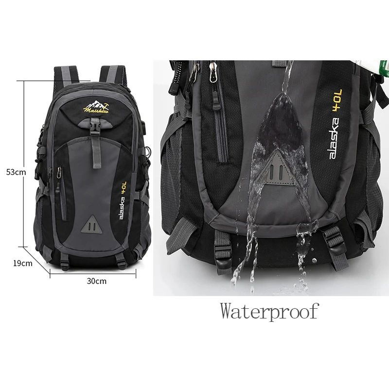 

40L USB Waterproof Hiking Sports Backpack Male Outdoor Climbing Bag Unisex Camping Trekking Travel Pack Rucksack For Men Women