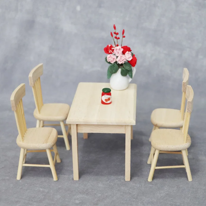 

Handmade 1:12 Dollhouse Miniature Furniture Wooden Dining Table with 6 Chair Model Set