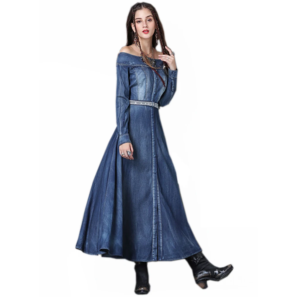 Autumn New slash neck denim dress vintage embroidered long-sleeved strapless women pffice lady long dresses Plus Size Gown | Женская