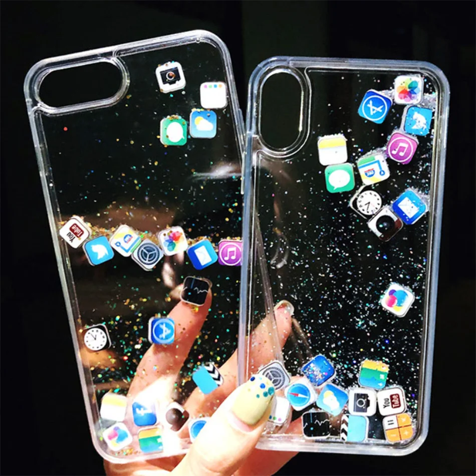 

Luxury Dynamic Liquid Glitter Phone Case For IPhone 11 Pro Max 6 7 8 Plus Quicksand Cover Cute APP icon Case For IPhone X XR MAX