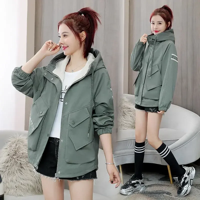 

Windbreaker Women Loose BF Harajuku Spring Autumn Coat 2021 New Hooded Jacket Casual Tooling All-Match Short Female Outerwear308