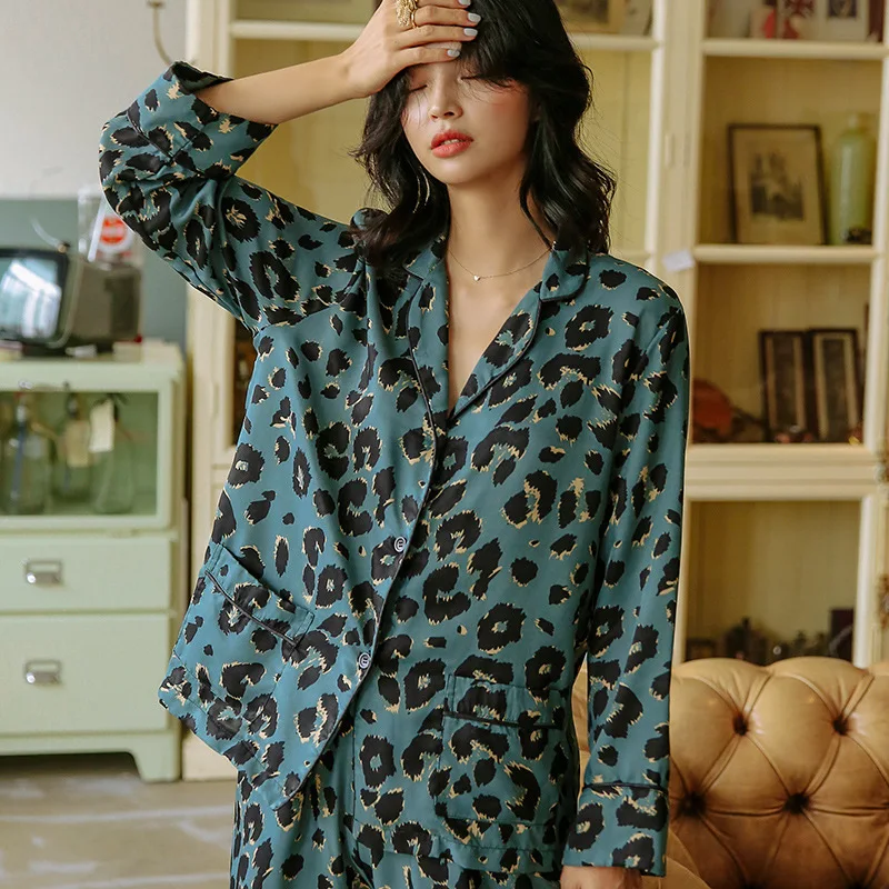 Maison Gabrielle Leopard Printed Silk Pajamas Set Spring Summer Long-Sleeve 2-Piece Women's Loungewear Can Be Wear Outside Suits