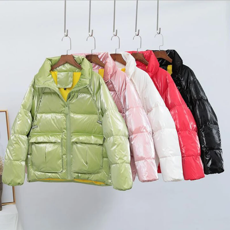 

Женская куртка на белом утином пуху, блестящее свободное короткое зимнее пальто, женская куртка-пуховик с воротником-стойкой в Корейском ст...