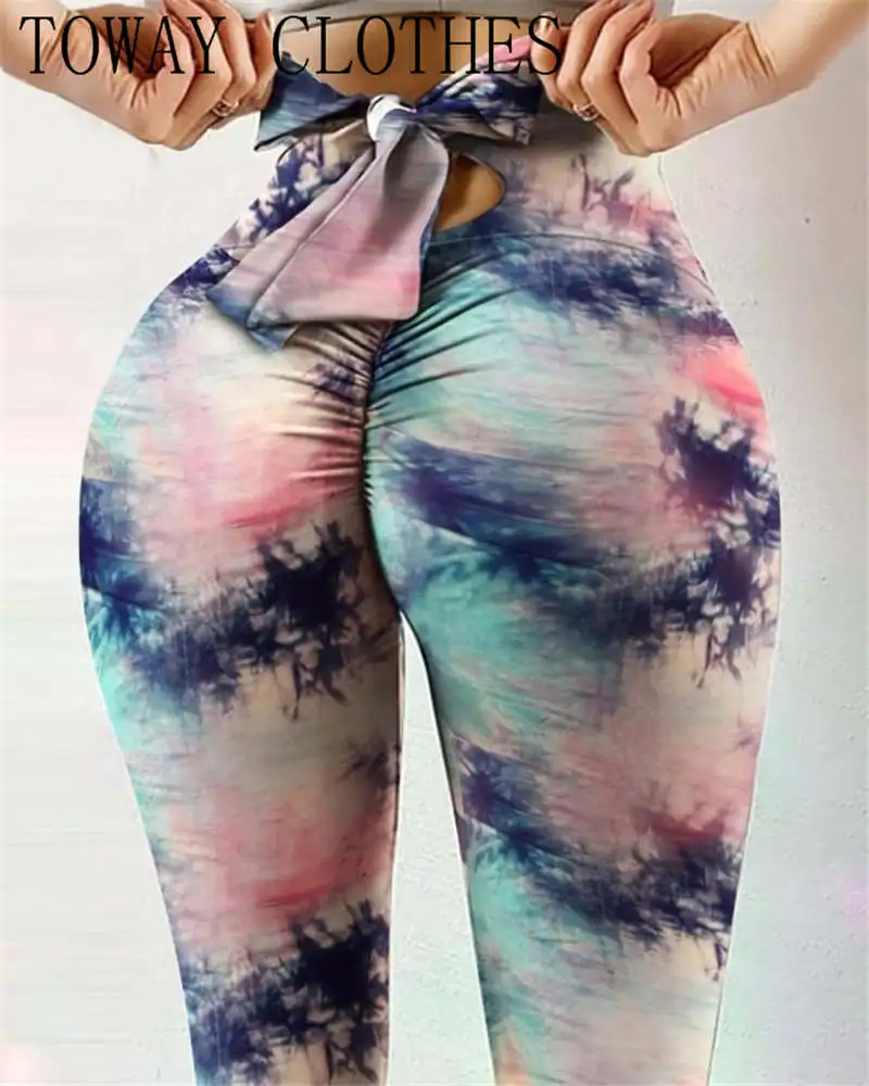 

Women Tie Dye Print Bowknot Scrunch Butt Leggings High Waist Lifting Yoga Pants