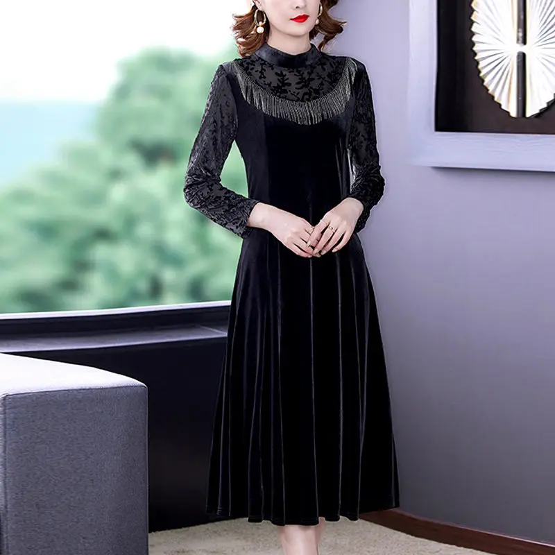 

Женское бархатное платье с длинным рукавом, черное элегантное приталенное платье с воротником-стойкой, цветочным принтом и кисточками, M1757, ...