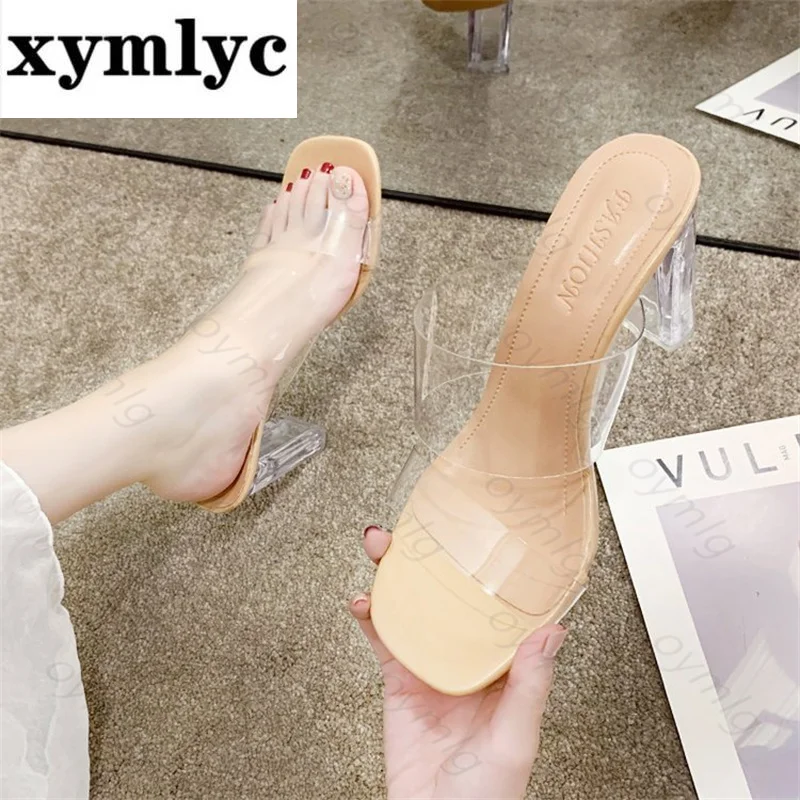 

Transparent slippers women's outer wear fashion all-match2021summer new net red super high heel shoes crystal thick heel sandals