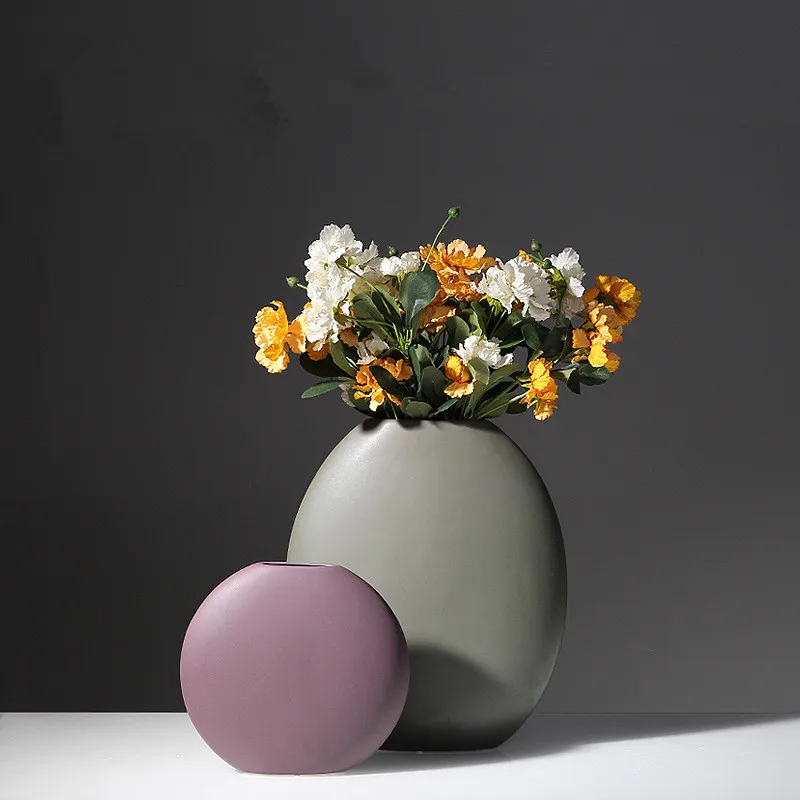 

Nordic Creative Ceramic Crafts Flat Round Vase Ornaments flower vase home decoration Modern minimalist style stone vase