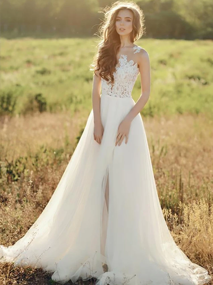 

YILIBER Lace wedding dress v-neck sleeveless embroidery applique bridal dresses simple retro lace tailing plus size
