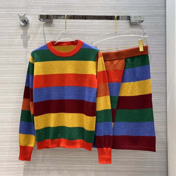 

2020 Autumn 2 Set Luxury Brand Cashmere Colorful Striped Top Shirt and Split Skirt High-end Design Runway Two Piece Sets