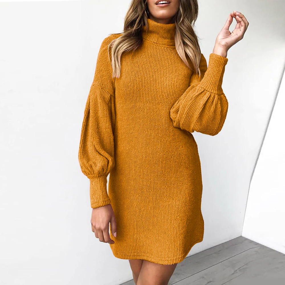 

Autumn Winter Women Knitted Dress Puff Sleeved Turtle Neck Sweater Mini Dress Vintage Ladies Ginger Yellow Knitting Dresses
